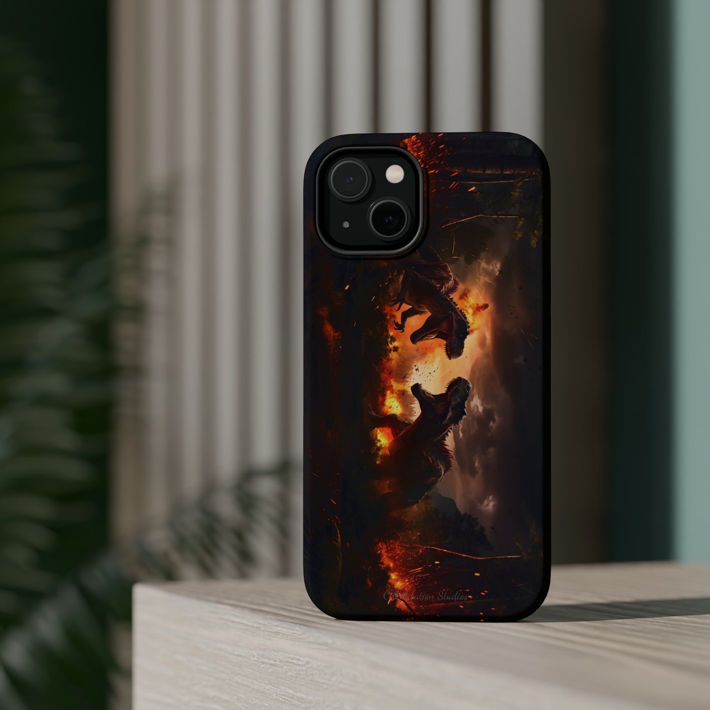 Introducing the "Ancient Battle Inferno" Cell Phone Case – Witness Epic Dinosaur Clash in a Fiery Forest! -MagSafe Tough Cases