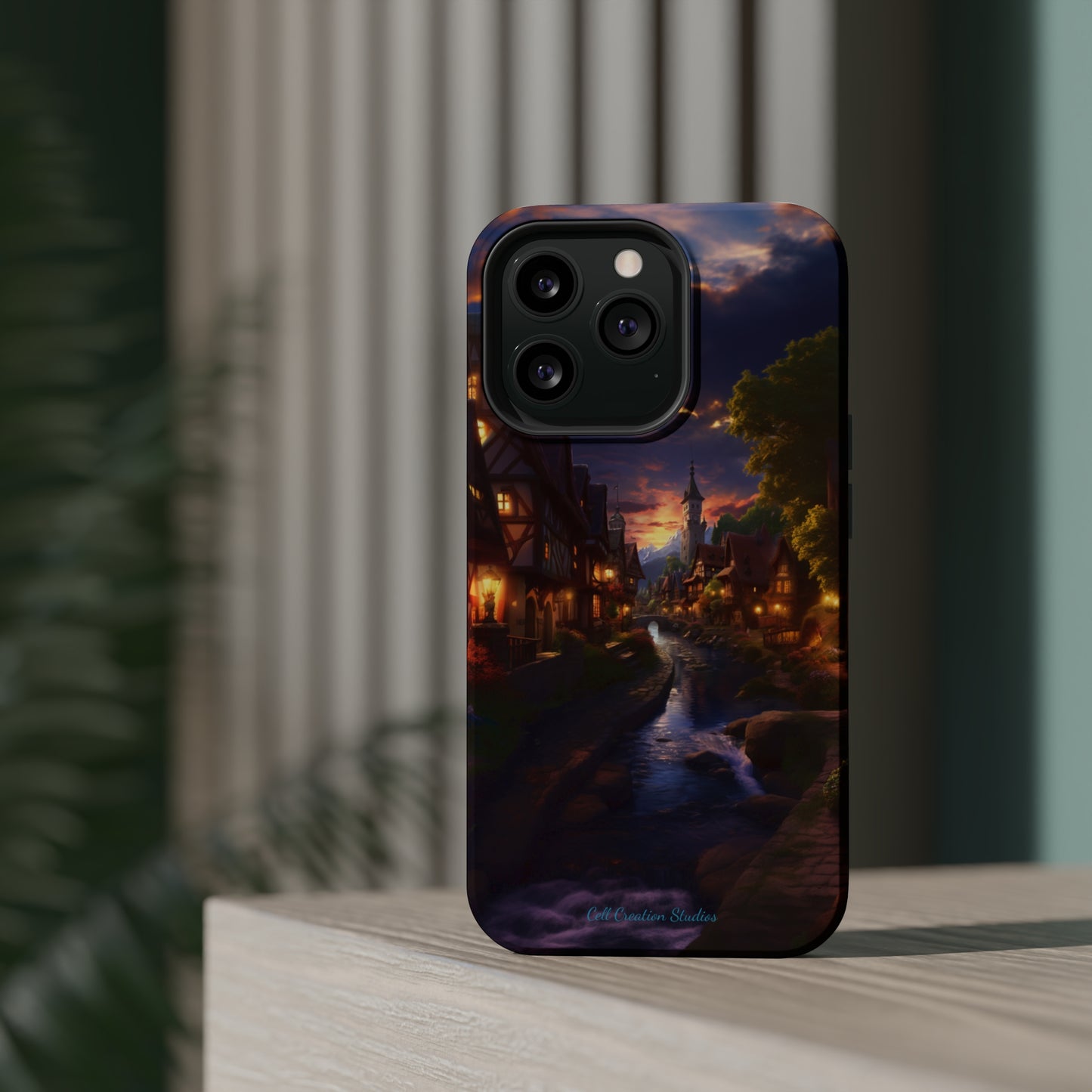 Introducing the "Riverside Serenity" Cell Phone Case – Embrace Peace with a Tranquil Town and Flowing River -MagSafe Tough Cases