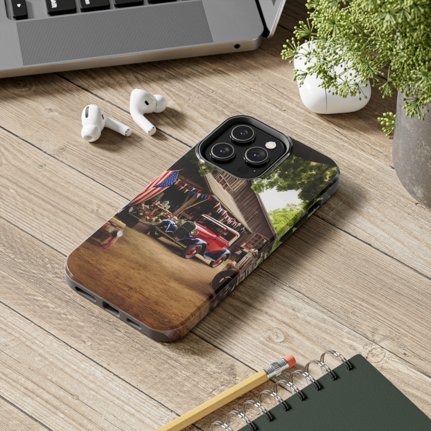 Introducing the "1930s Americana Revival" Cell Phone Case – Relive Vintage Charm with Classic Car, Barn, and the Stars and Stripes -Tough Phone Cases