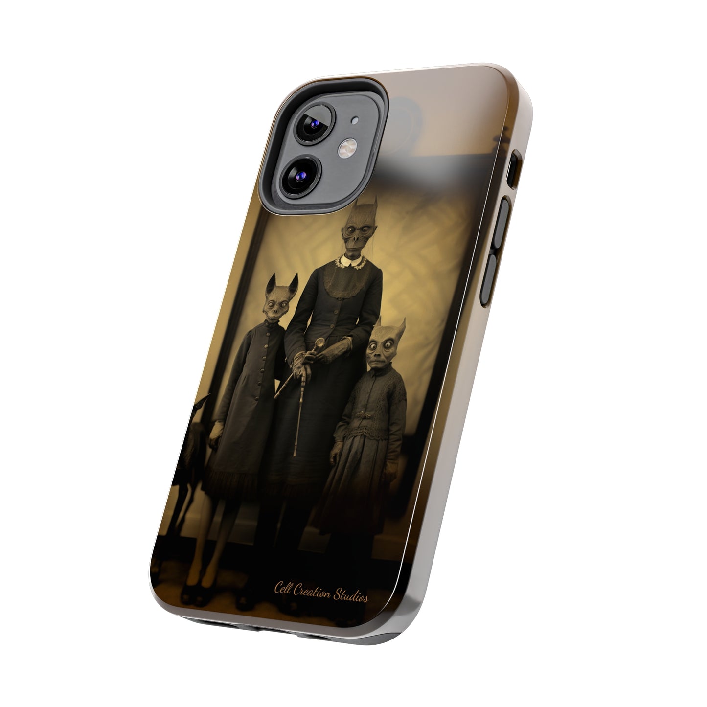 Introducing the "Vintage Odd Creatures" Cell Phone Case – Step into the Eerie Charm of a Haunting Family Portrait -Tough Phone Cases