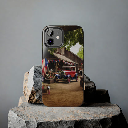 Introducing the "1930s Americana Revival" Cell Phone Case – Relive Vintage Charm with Classic Car, Barn, and the Stars and Stripes -Tough Phone Cases