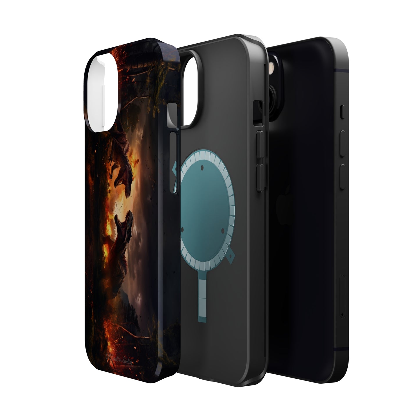 Introducing the "Ancient Battle Inferno" Cell Phone Case – Witness Epic Dinosaur Clash in a Fiery Forest! -MagSafe Tough Cases