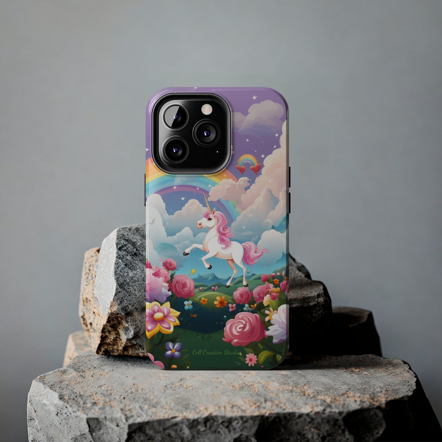 Introducing the "Floral Enchantment" Cell Phone Case – Embrace Your Imagination with a Unicorn in a Field of Flowers -Tough Phone Cases