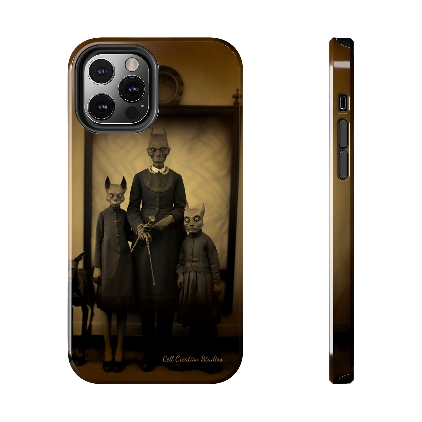 Introducing the "Vintage Odd Creatures" Cell Phone Case – Step into the Eerie Charm of a Haunting Family Portrait -Tough Phone Cases