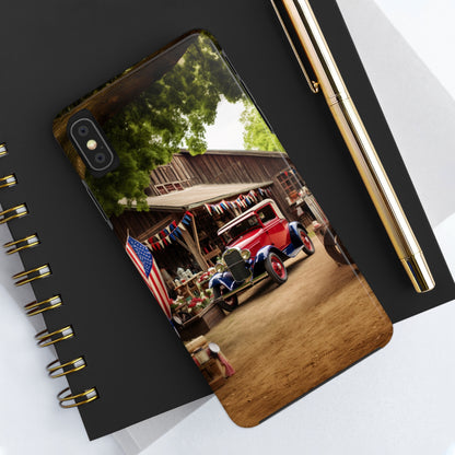 Introducing the "1930s Americana Revival" Cell Phone Case – Relive Vintage Charm with Classic Car, Barn, and the Stars and Stripes -Tough Phone Cases