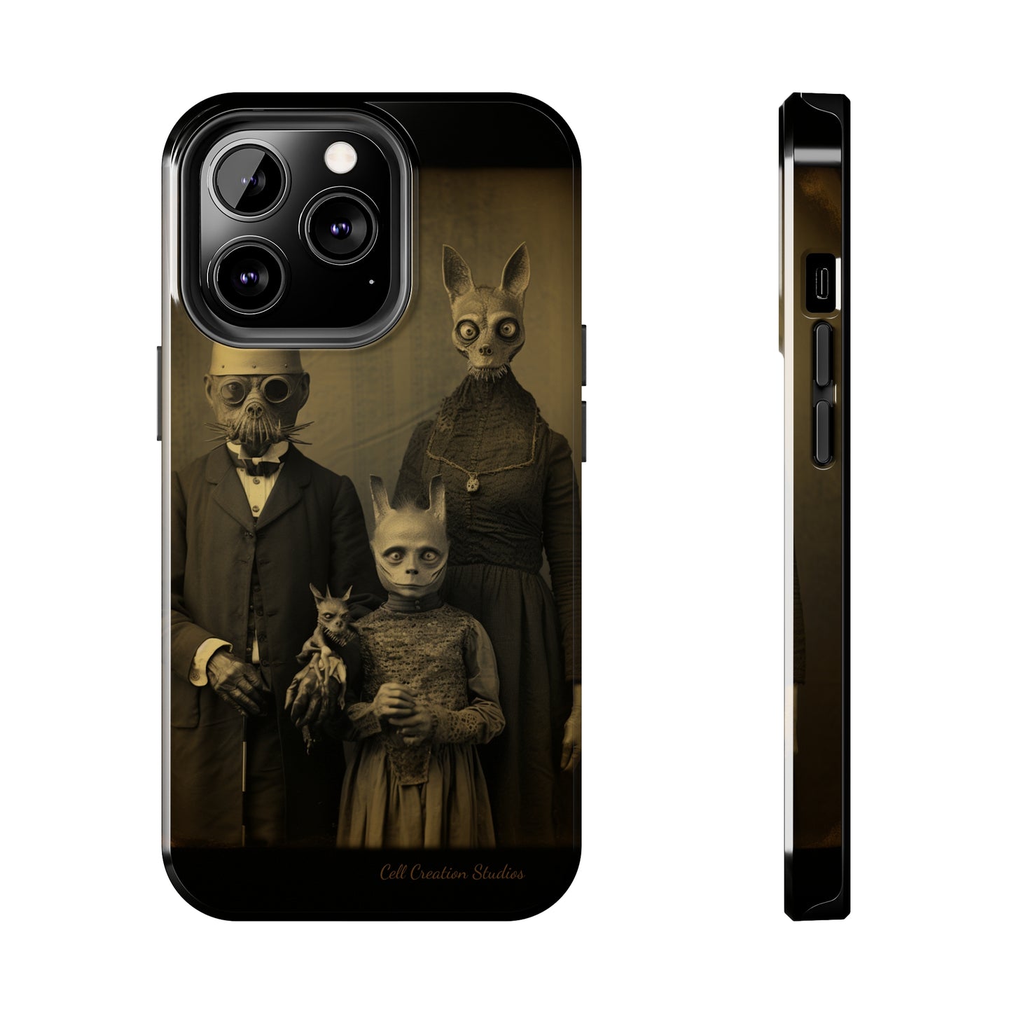 Introducing the "Vintage Odd Creatures" Cell Phone Case – Step into the Eerie Charm of a Haunting Family Portrait -Tough Phone Cases