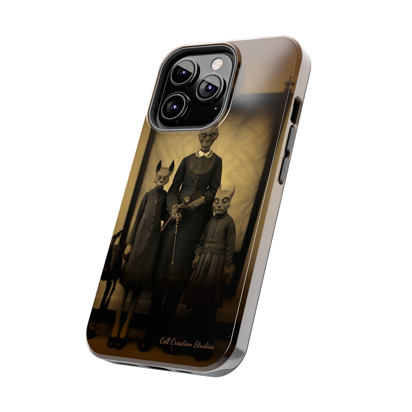 Introducing the "Vintage Odd Creatures" Cell Phone Case – Step into the Eerie Charm of a Haunting Family Portrait -Tough Phone Cases