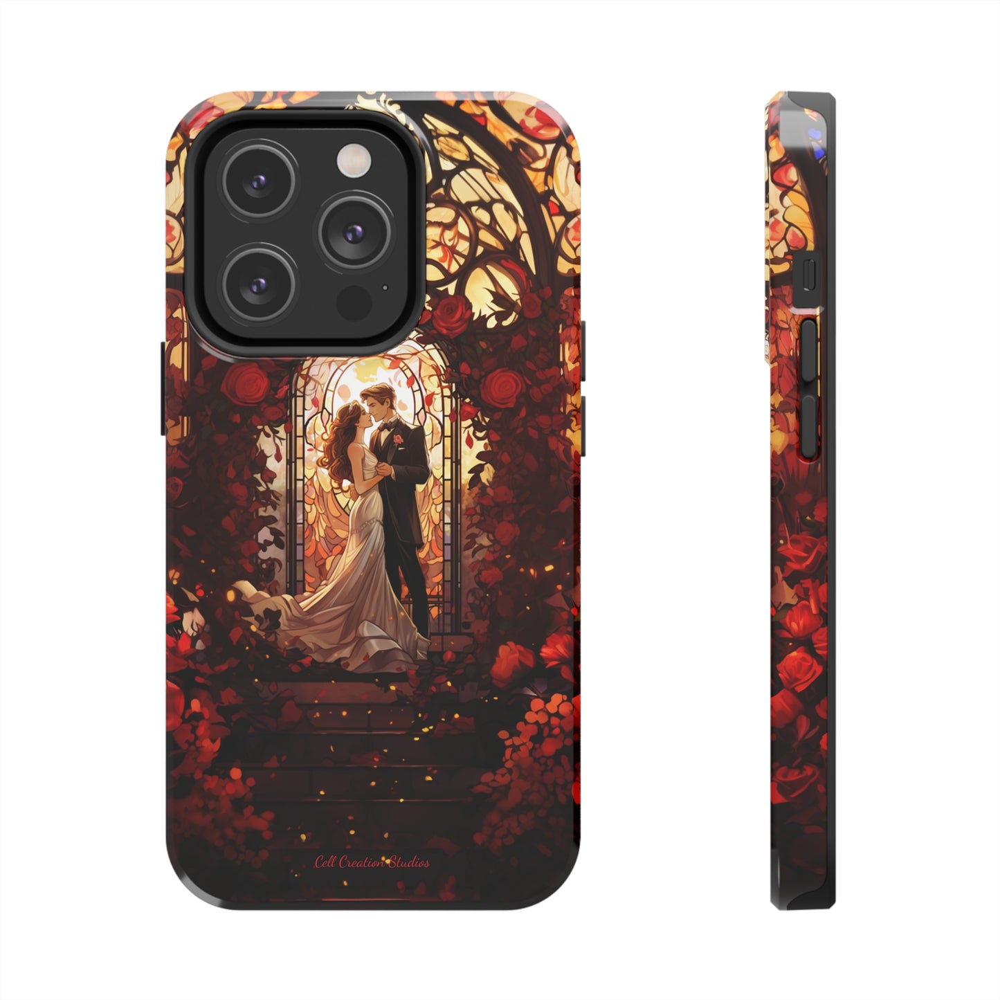 Introducing the "Stained Glass Love" Cell Phone Case – Capture the Romance of a Couple in Front of a Stained Glass Window -Tough Phone Cases