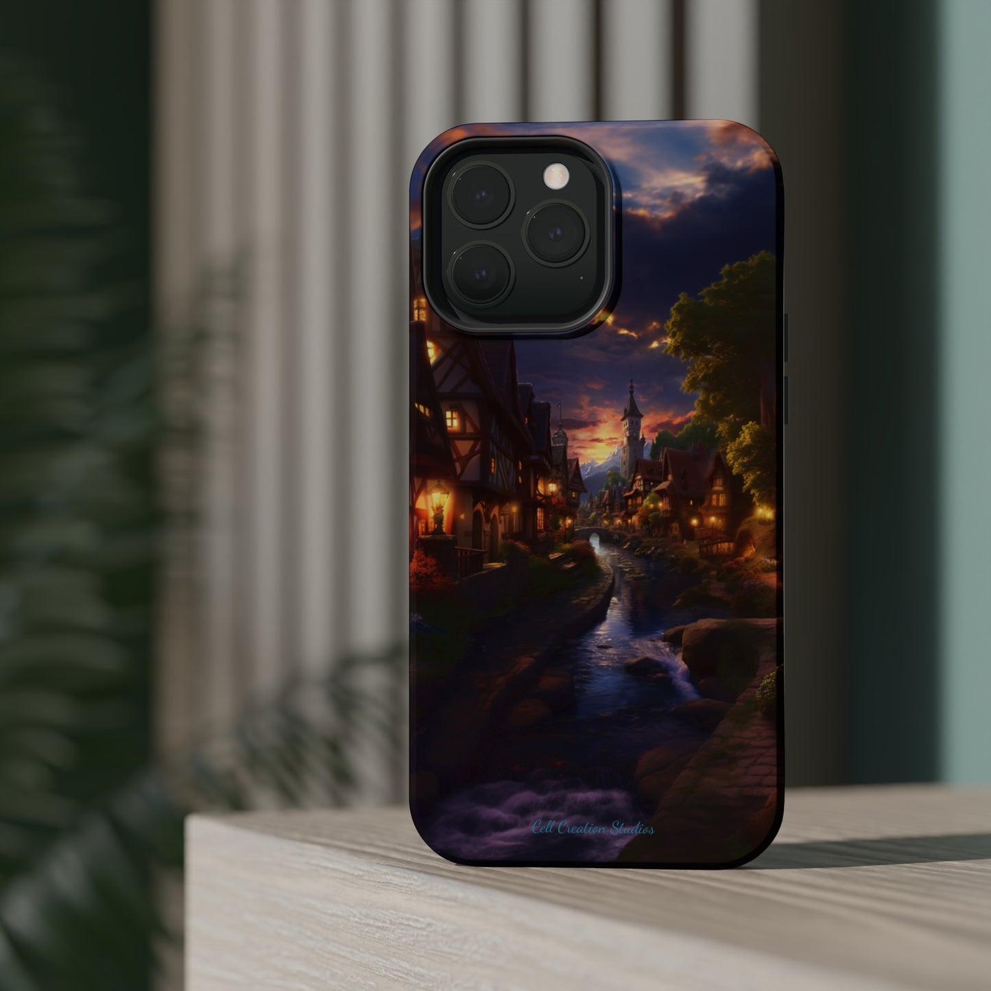 Introducing the "Riverside Serenity" Cell Phone Case – Embrace Peace with a Tranquil Town and Flowing River -MagSafe Tough Cases