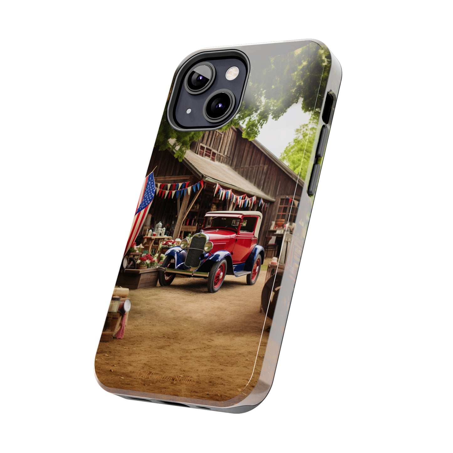 Introducing the "1930s Americana Revival" Cell Phone Case – Relive Vintage Charm with Classic Car, Barn, and the Stars and Stripes -Tough Phone Cases