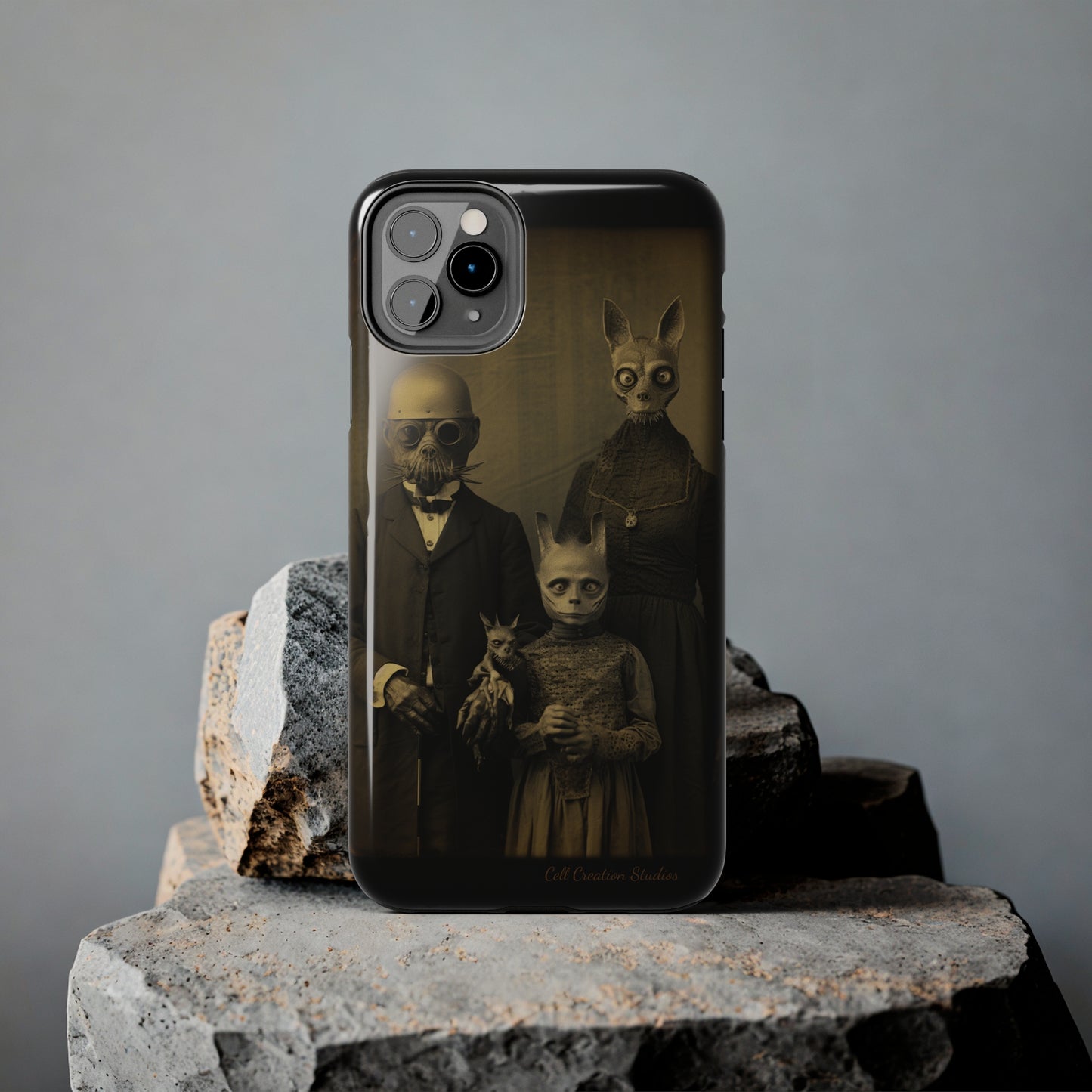 Introducing the "Vintage Odd Creatures" Cell Phone Case – Step into the Eerie Charm of a Haunting Family Portrait -Tough Phone Cases