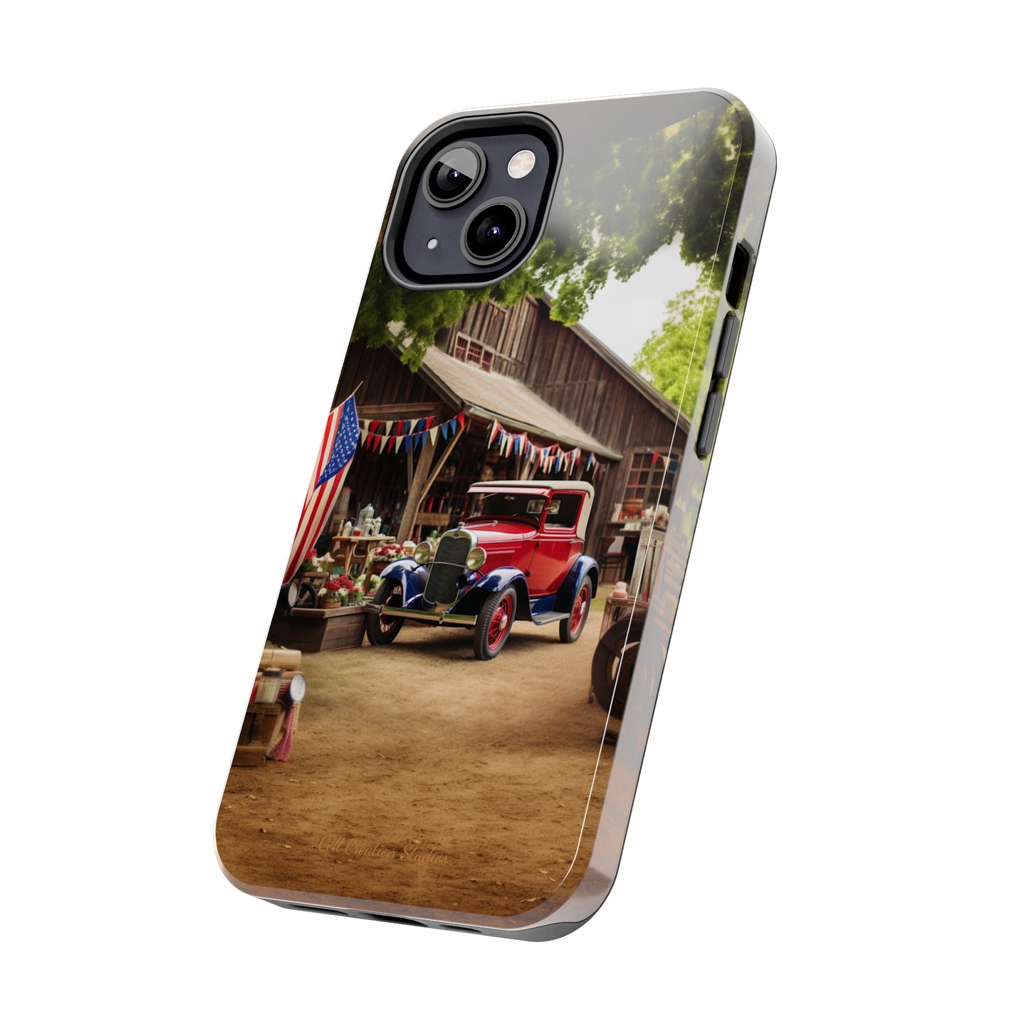 Introducing the "1930s Americana Revival" Cell Phone Case – Relive Vintage Charm with Classic Car, Barn, and the Stars and Stripes -Tough Phone Cases