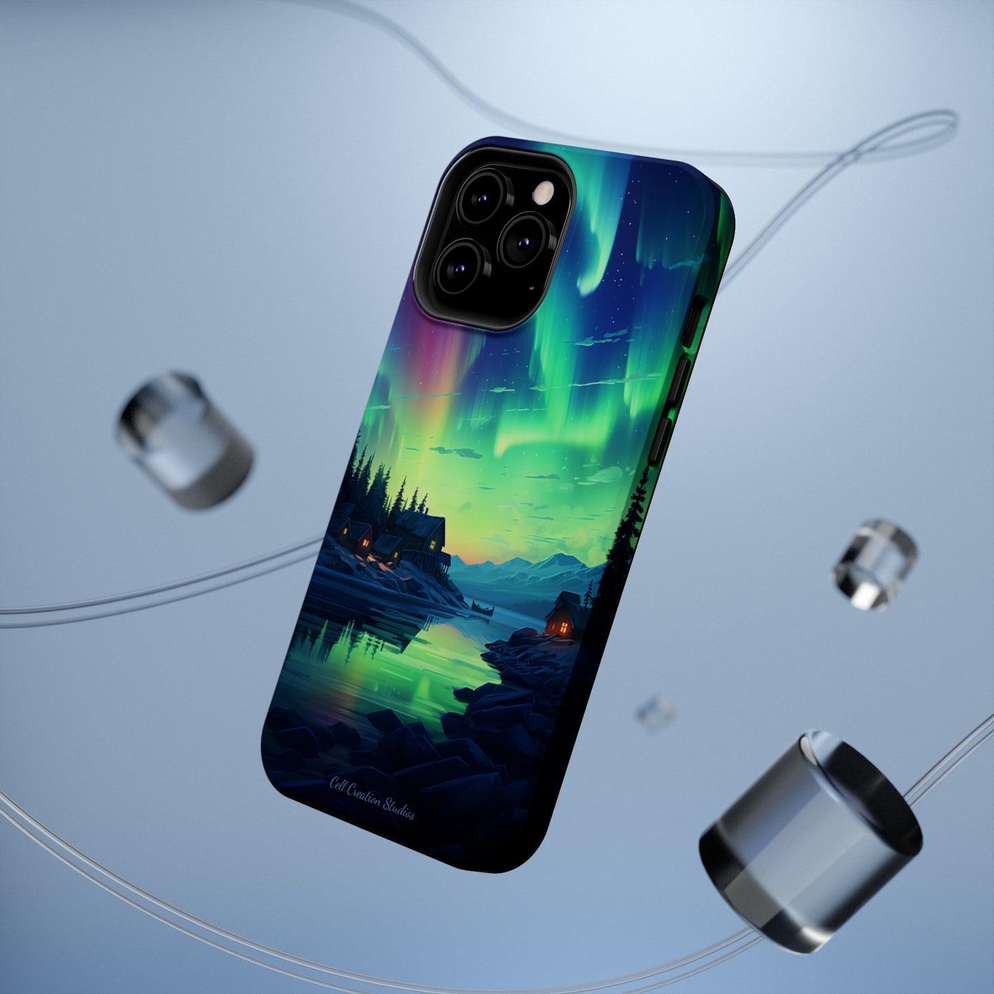 Introducing the "Northern Lights Haven" Cell Phone Case – Experience the Enchantment of Aurora Borealis and Charming Townscape -MagSafe Tough Cases