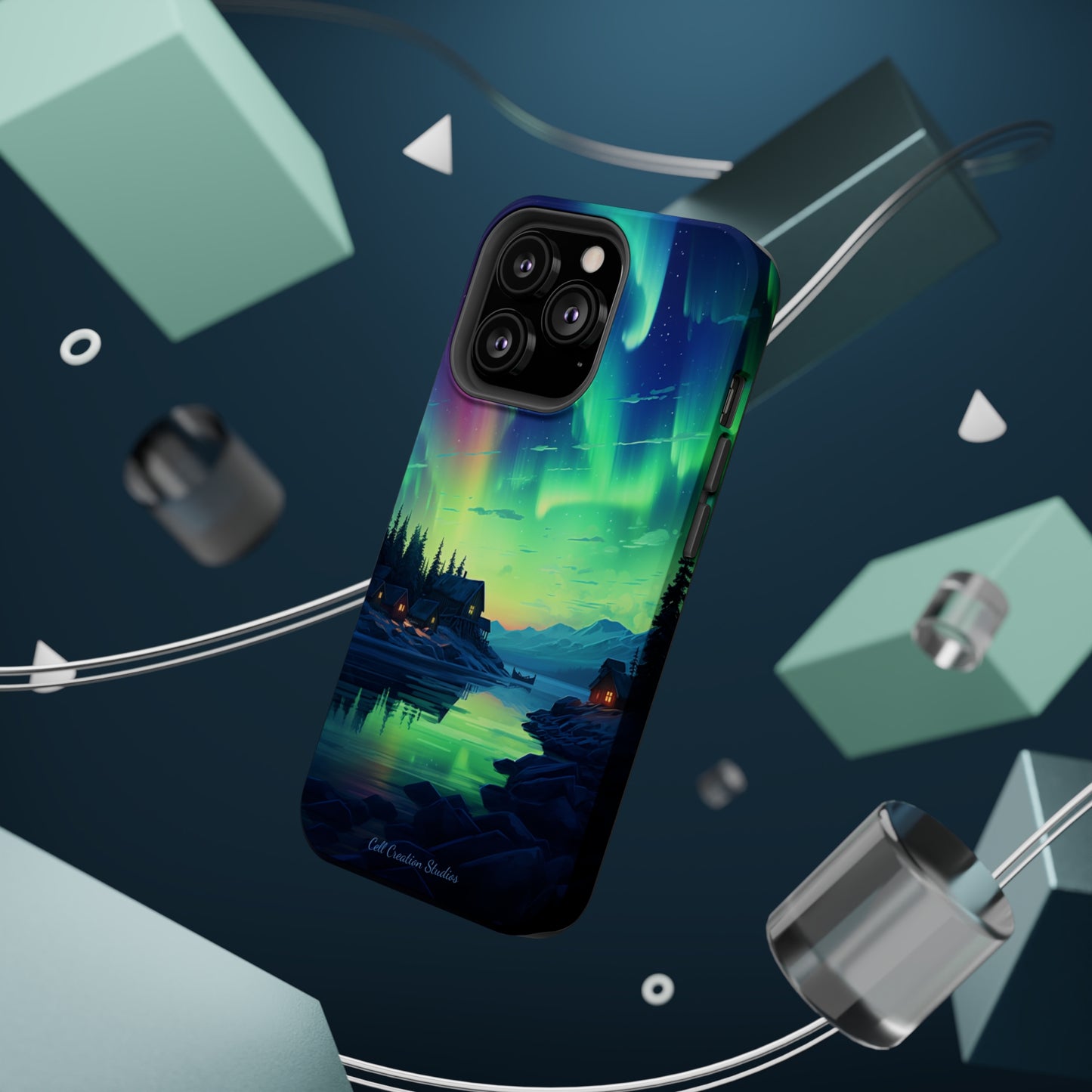 Introducing the "Northern Lights Haven" Cell Phone Case – Experience the Enchantment of Aurora Borealis and Charming Townscape -MagSafe Tough Cases