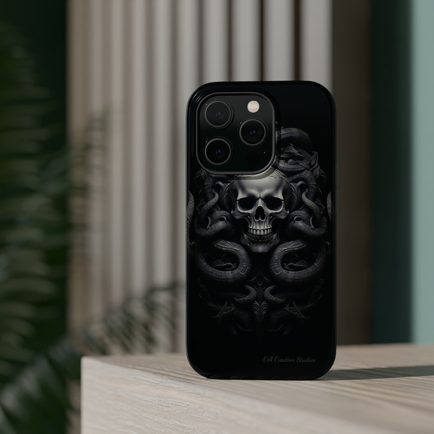 Introducing the "Monochrome Skull and Snakes" Cell Phone Case – A Bold Statement -MagSafe Tough Cases