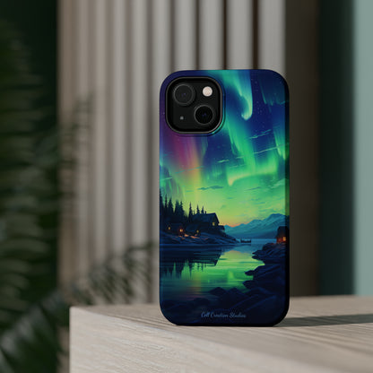 Introducing the "Northern Lights Haven" Cell Phone Case – Experience the Enchantment of Aurora Borealis and Charming Townscape -MagSafe Tough Cases