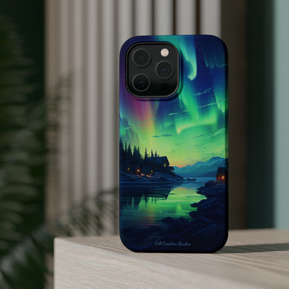 Introducing the "Northern Lights Haven" Cell Phone Case – Experience the Enchantment of Aurora Borealis and Charming Townscape -MagSafe Tough Cases