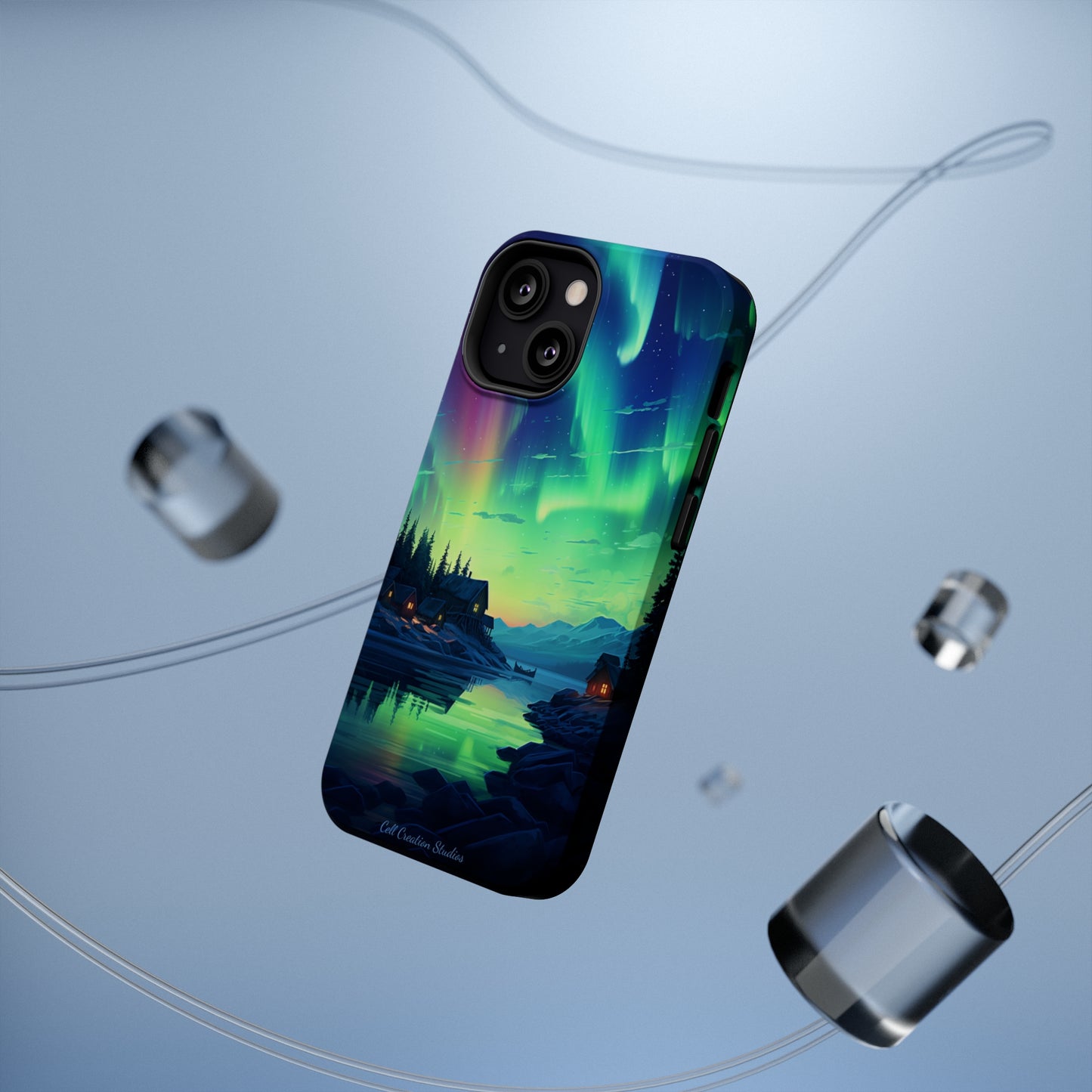 Introducing the "Northern Lights Haven" Cell Phone Case – Experience the Enchantment of Aurora Borealis and Charming Townscape -MagSafe Tough Cases