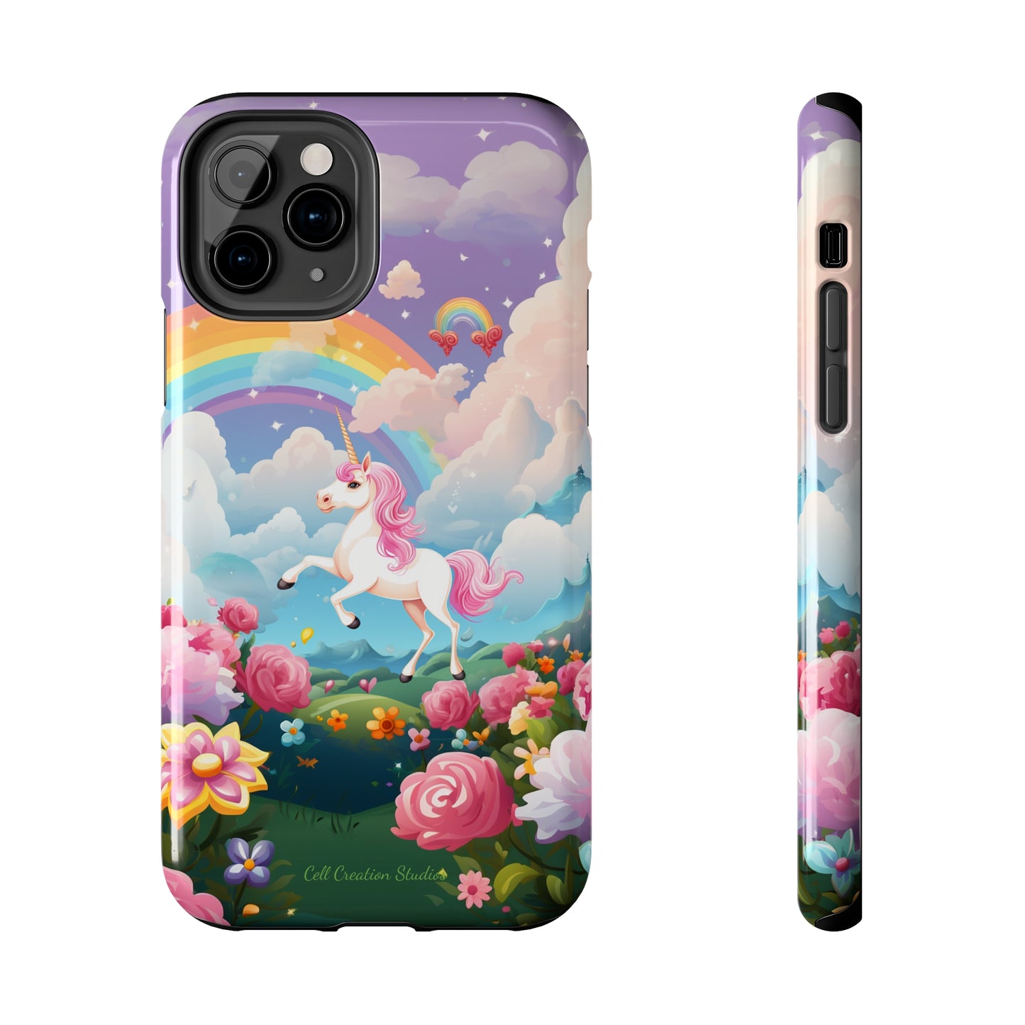 Introducing the "Floral Enchantment" Cell Phone Case – Embrace Your Imagination with a Unicorn in a Field of Flowers -Tough Phone Cases