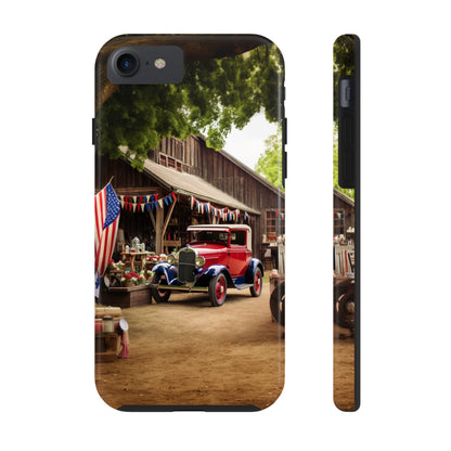 Introducing the "1930s Americana Revival" Cell Phone Case – Relive Vintage Charm with Classic Car, Barn, and the Stars and Stripes -Tough Phone Cases