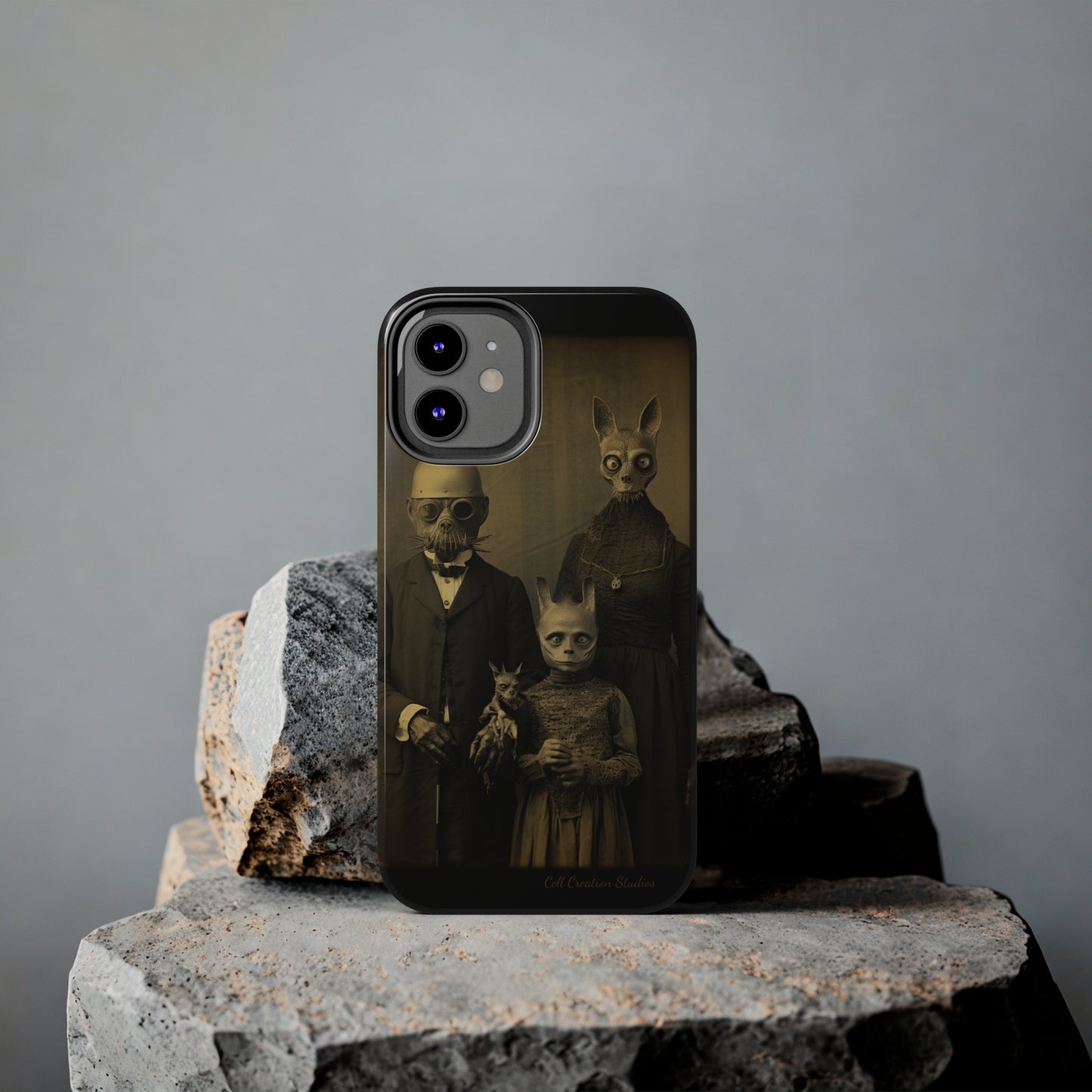 Introducing the "Vintage Odd Creatures" Cell Phone Case – Step into the Eerie Charm of a Haunting Family Portrait -Tough Phone Cases