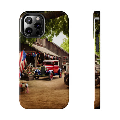 Introducing the "1930s Americana Revival" Cell Phone Case – Relive Vintage Charm with Classic Car, Barn, and the Stars and Stripes -Tough Phone Cases