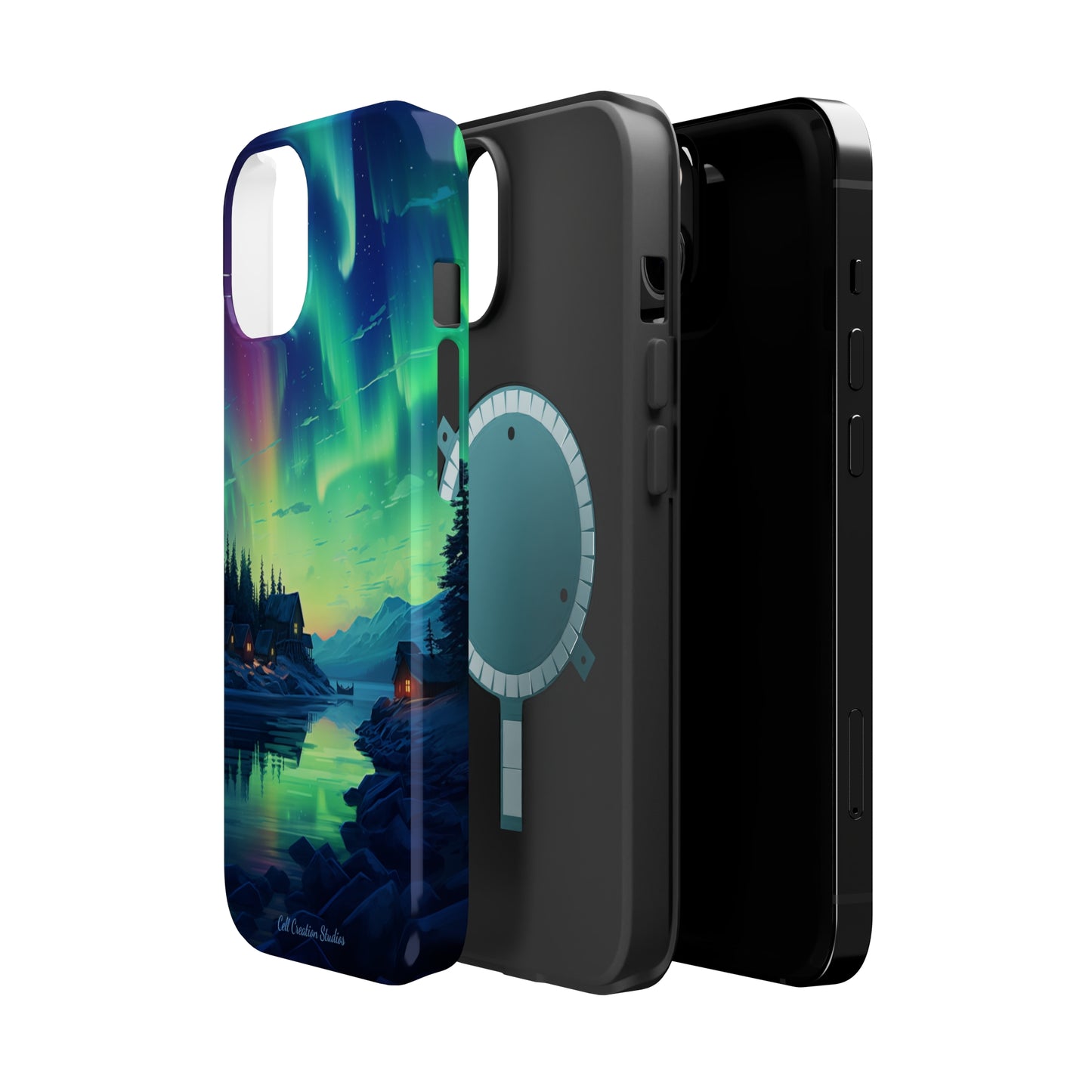 Introducing the "Northern Lights Haven" Cell Phone Case – Experience the Enchantment of Aurora Borealis and Charming Townscape -MagSafe Tough Cases