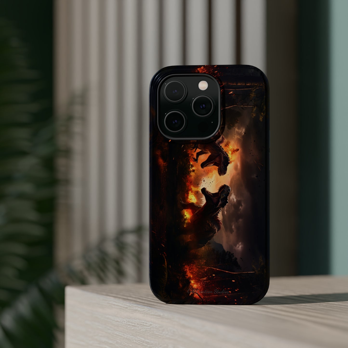 Introducing the "Ancient Battle Inferno" Cell Phone Case – Witness Epic Dinosaur Clash in a Fiery Forest! -MagSafe Tough Cases