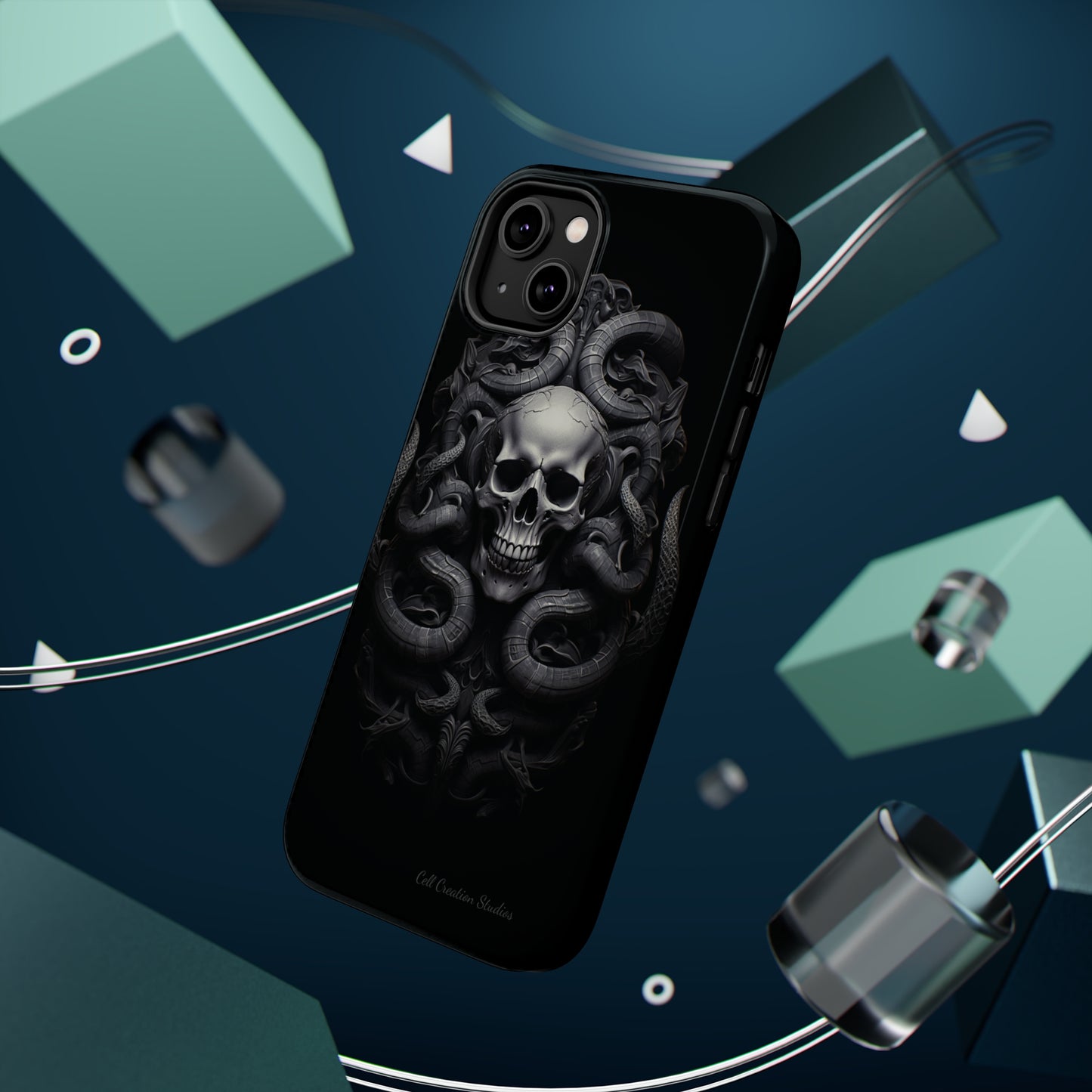 Introducing the "Monochrome Skull and Snakes" Cell Phone Case – A Bold Statement -MagSafe Tough Cases