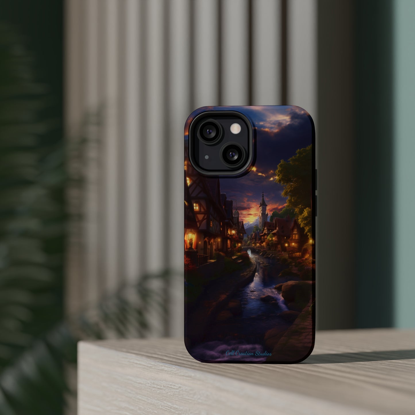 Introducing the "Riverside Serenity" Cell Phone Case – Embrace Peace with a Tranquil Town and Flowing River -MagSafe Tough Cases