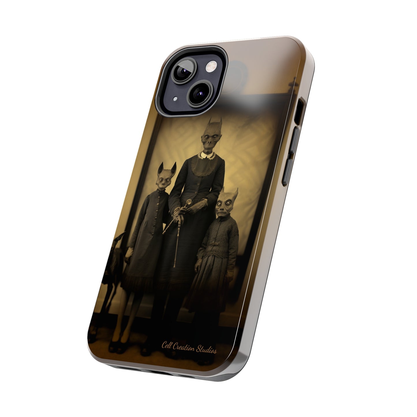 Introducing the "Vintage Odd Creatures" Cell Phone Case – Step into the Eerie Charm of a Haunting Family Portrait -Tough Phone Cases