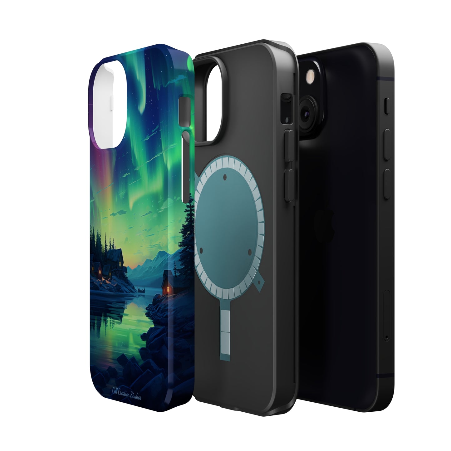 Introducing the "Northern Lights Haven" Cell Phone Case – Experience the Enchantment of Aurora Borealis and Charming Townscape -MagSafe Tough Cases