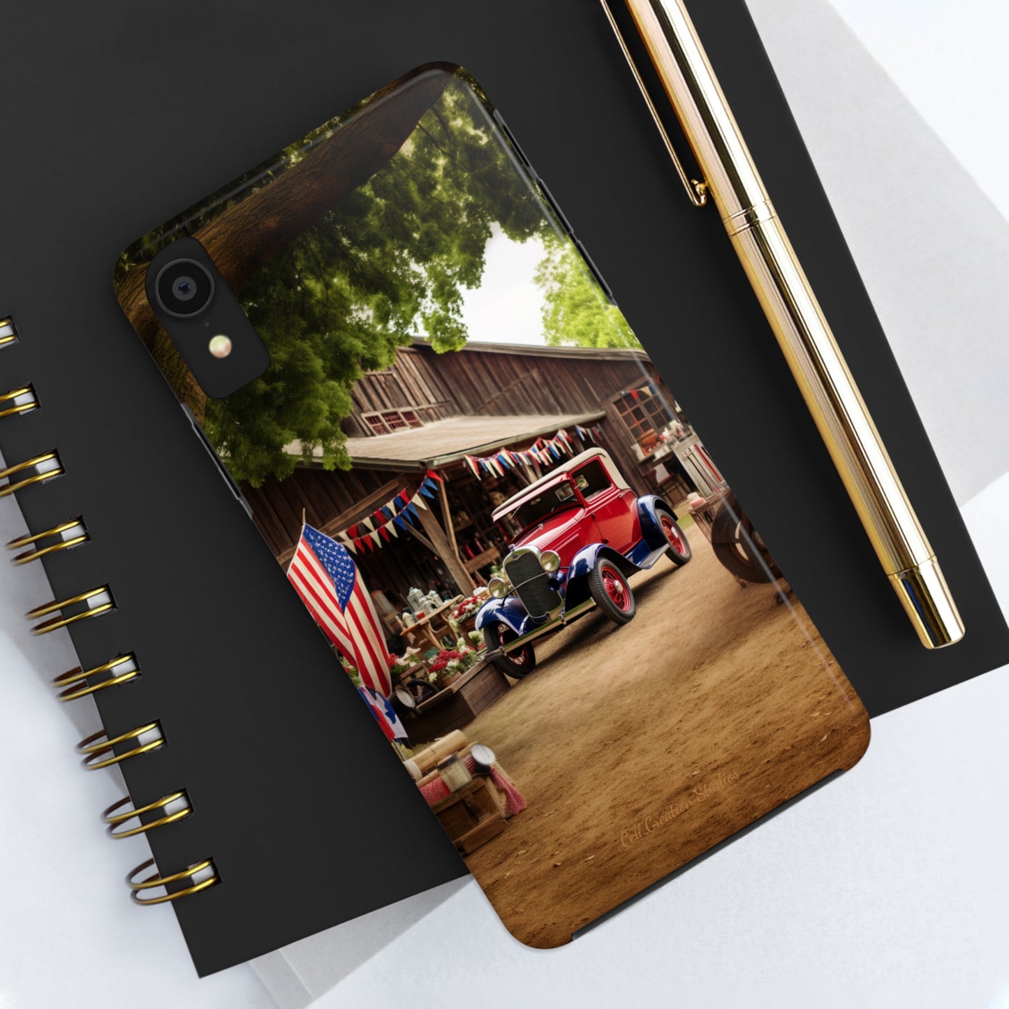 Introducing the "1930s Americana Revival" Cell Phone Case – Relive Vintage Charm with Classic Car, Barn, and the Stars and Stripes -Tough Phone Cases