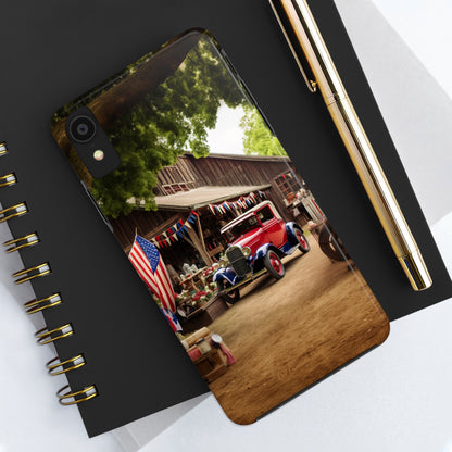 Introducing the "1930s Americana Revival" Cell Phone Case – Relive Vintage Charm with Classic Car, Barn, and the Stars and Stripes -Tough Phone Cases