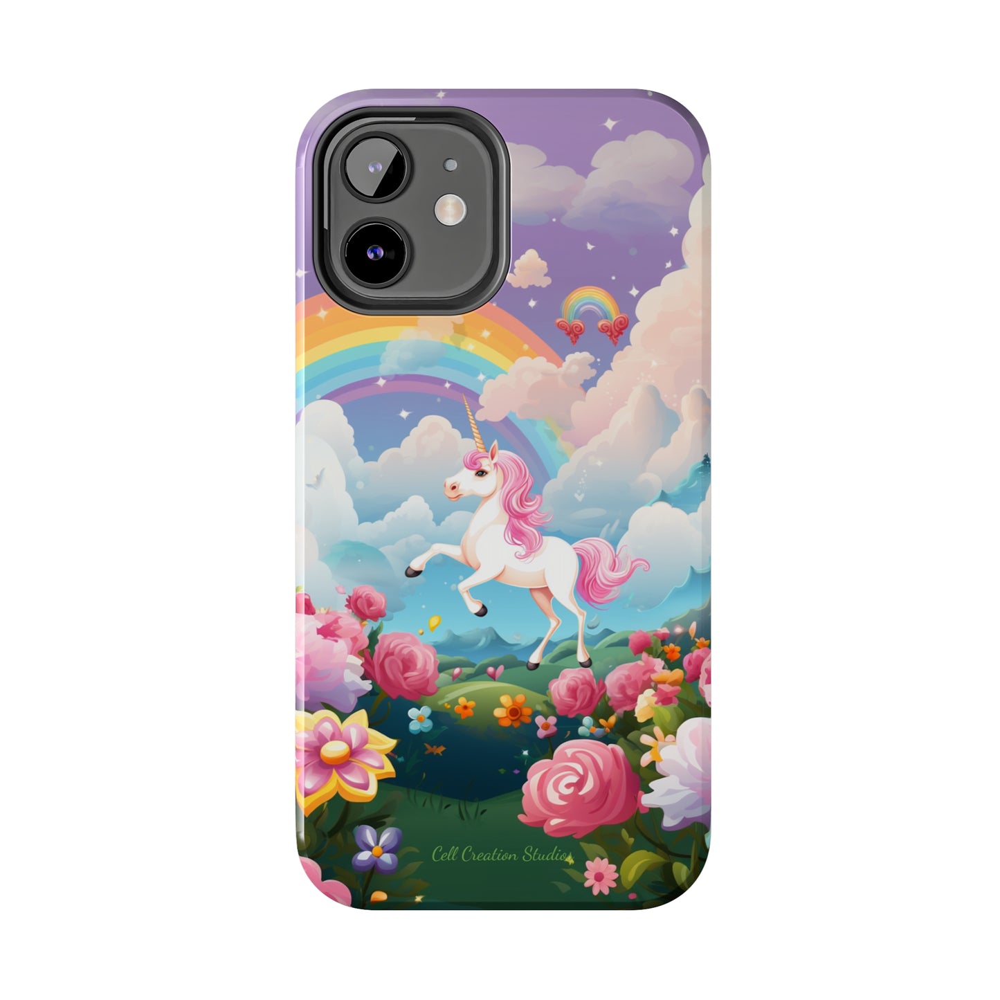 Introducing the "Floral Enchantment" Cell Phone Case – Embrace Your Imagination with a Unicorn in a Field of Flowers -Tough Phone Cases