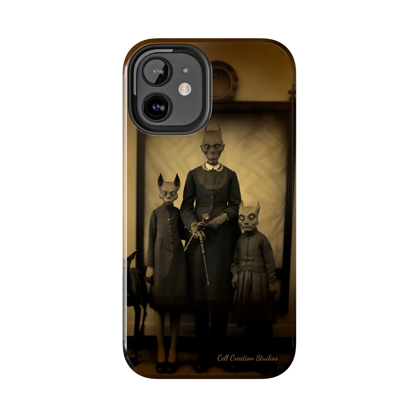 Introducing the "Vintage Odd Creatures" Cell Phone Case – Step into the Eerie Charm of a Haunting Family Portrait -Tough Phone Cases