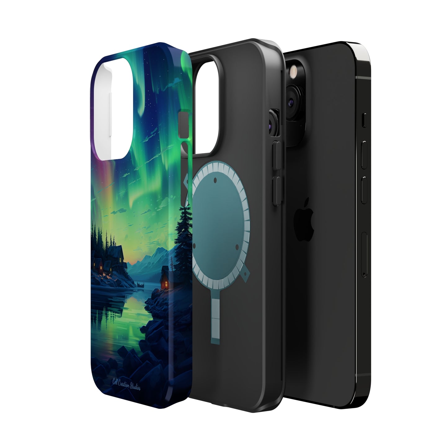 Introducing the "Northern Lights Haven" Cell Phone Case – Experience the Enchantment of Aurora Borealis and Charming Townscape -MagSafe Tough Cases