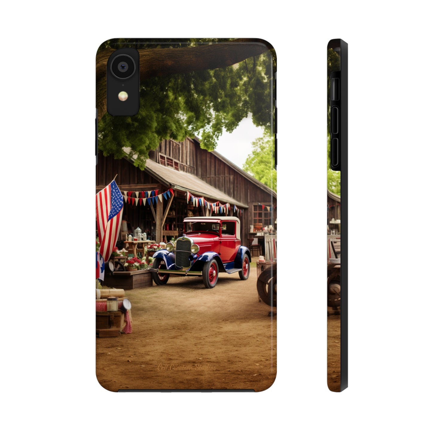 Introducing the "1930s Americana Revival" Cell Phone Case – Relive Vintage Charm with Classic Car, Barn, and the Stars and Stripes -Tough Phone Cases