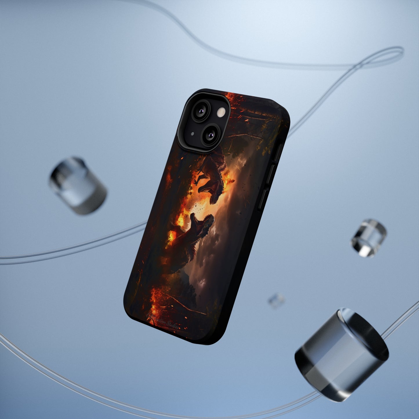 Introducing the "Ancient Battle Inferno" Cell Phone Case – Witness Epic Dinosaur Clash in a Fiery Forest! -MagSafe Tough Cases