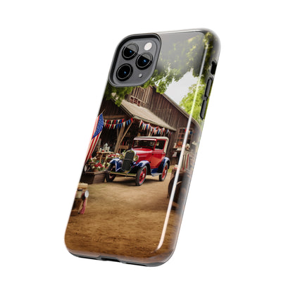 Introducing the "1930s Americana Revival" Cell Phone Case – Relive Vintage Charm with Classic Car, Barn, and the Stars and Stripes -Tough Phone Cases