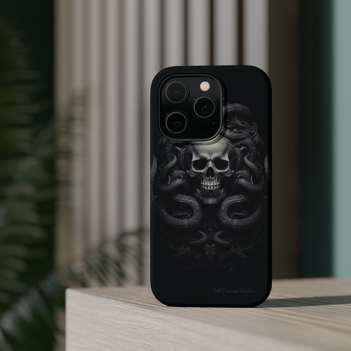 Introducing the "Monochrome Skull and Snakes" Cell Phone Case – A Bold Statement -MagSafe Tough Cases