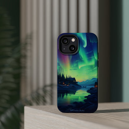 Introducing the "Northern Lights Haven" Cell Phone Case – Experience the Enchantment of Aurora Borealis and Charming Townscape -MagSafe Tough Cases