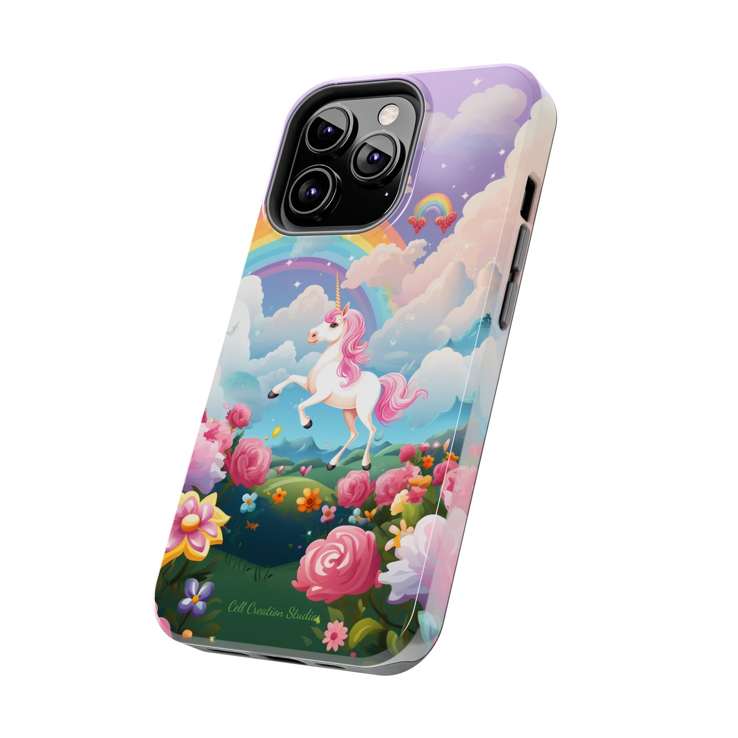 Introducing the "Floral Enchantment" Cell Phone Case – Embrace Your Imagination with a Unicorn in a Field of Flowers -Tough Phone Cases