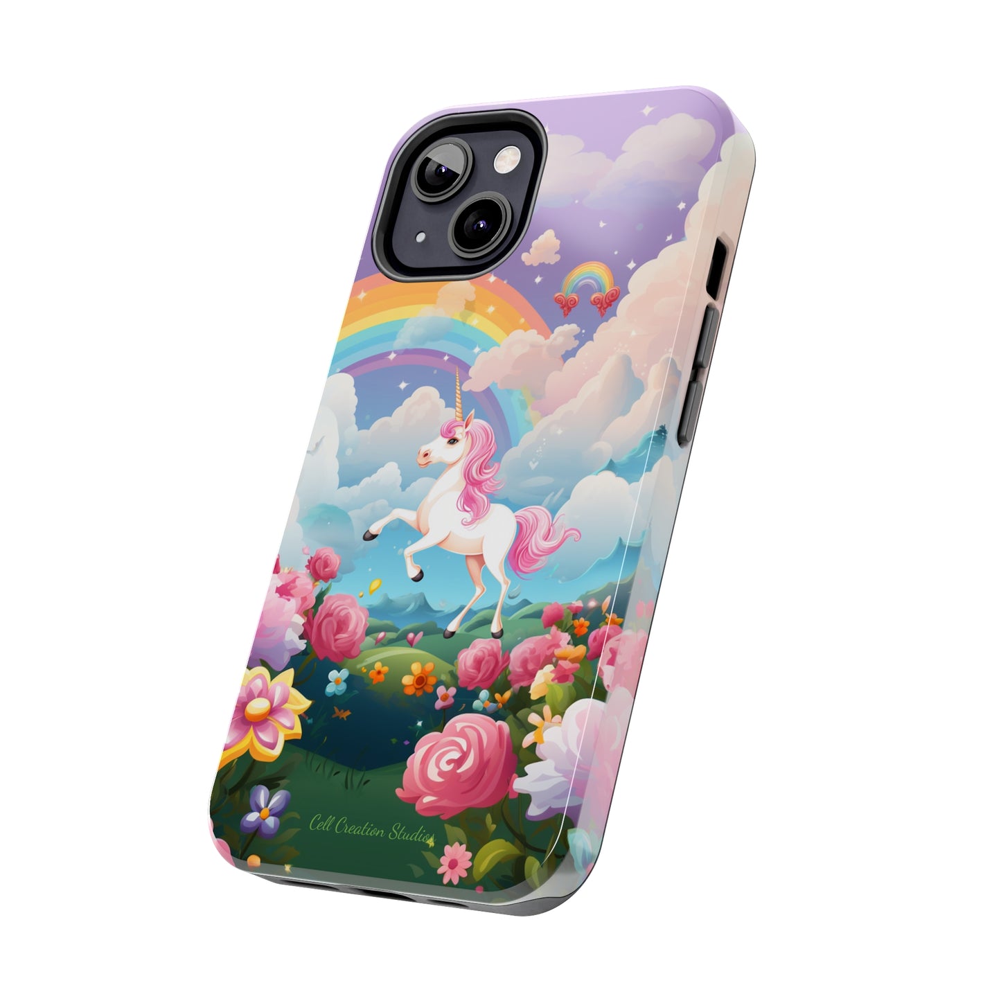 Introducing the "Floral Enchantment" Cell Phone Case – Embrace Your Imagination with a Unicorn in a Field of Flowers -Tough Phone Cases