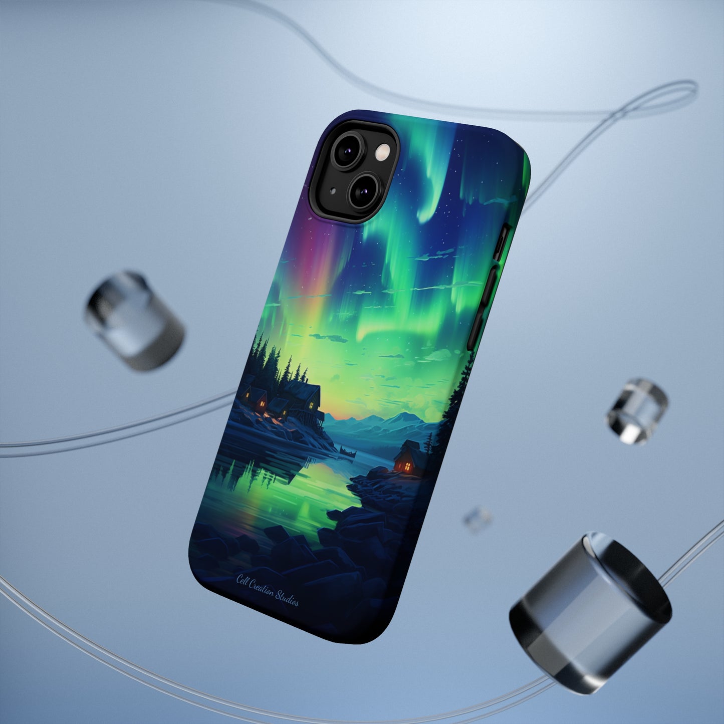 Introducing the "Northern Lights Haven" Cell Phone Case – Experience the Enchantment of Aurora Borealis and Charming Townscape -MagSafe Tough Cases