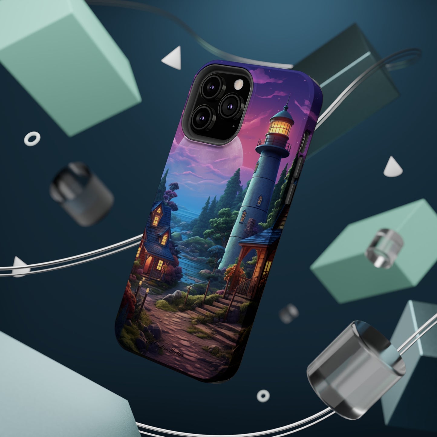 Introducing the "Tranquil Lighthouse Haven" Cell Phone Case – Embrace Serenity with a Picturesque Town and Lighthouse -MagSafe Tough Cases