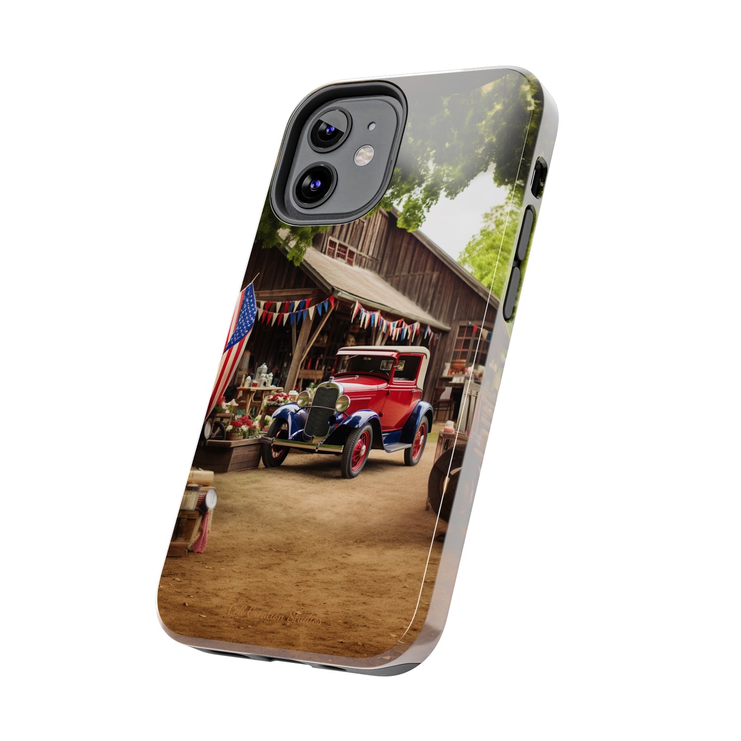 Introducing the "1930s Americana Revival" Cell Phone Case – Relive Vintage Charm with Classic Car, Barn, and the Stars and Stripes -Tough Phone Cases