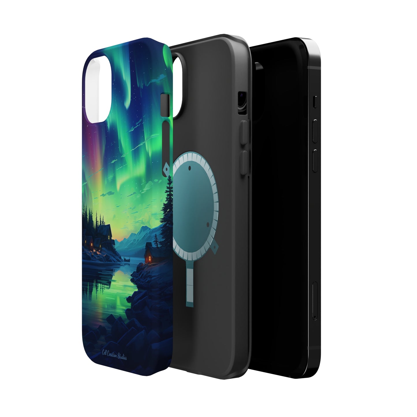 Introducing the "Northern Lights Haven" Cell Phone Case – Experience the Enchantment of Aurora Borealis and Charming Townscape -MagSafe Tough Cases