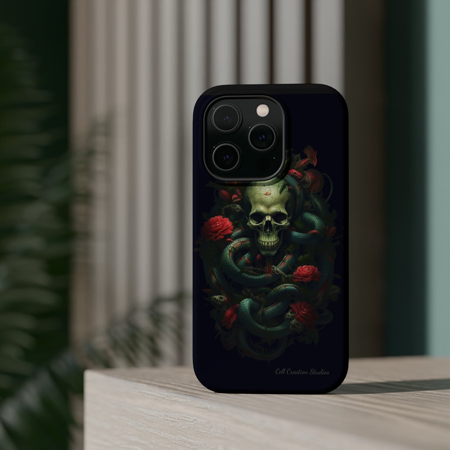 Introducing the "Serpentine Elegance" Cell Phone Case: Where Skulls and Snakes Intertwine -MagSafe Tough Cases