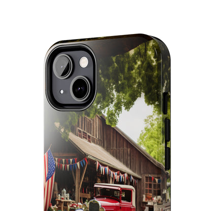 Introducing the "1930s Americana Revival" Cell Phone Case – Relive Vintage Charm with Classic Car, Barn, and the Stars and Stripes -Tough Phone Cases